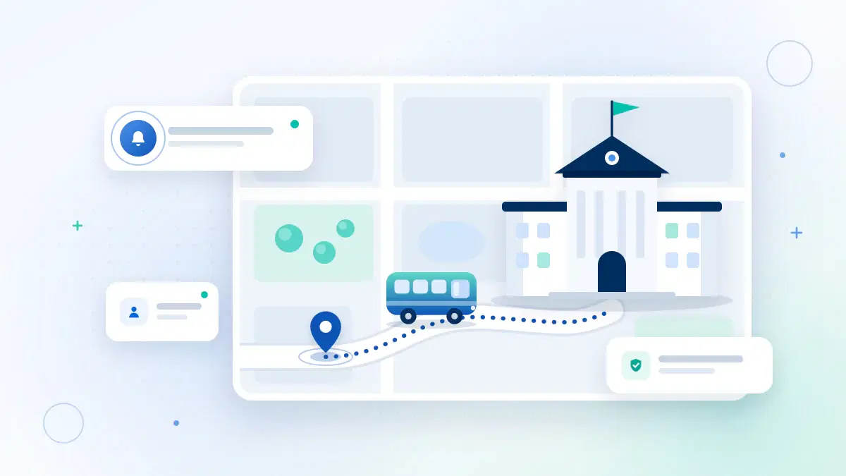 Illustration of a campus map linking a bus route, hostel and classroom to one central record