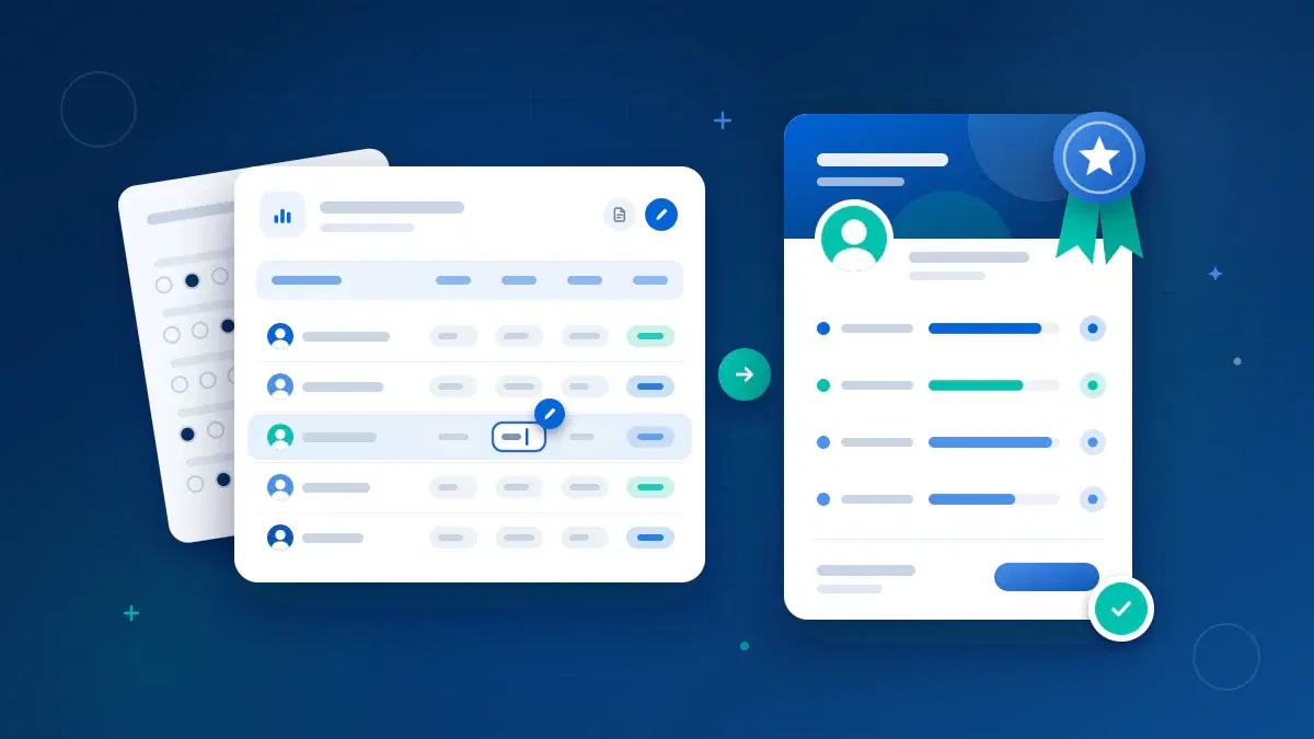 Illustration of a gradebook grid flowing step by step into a finished report card