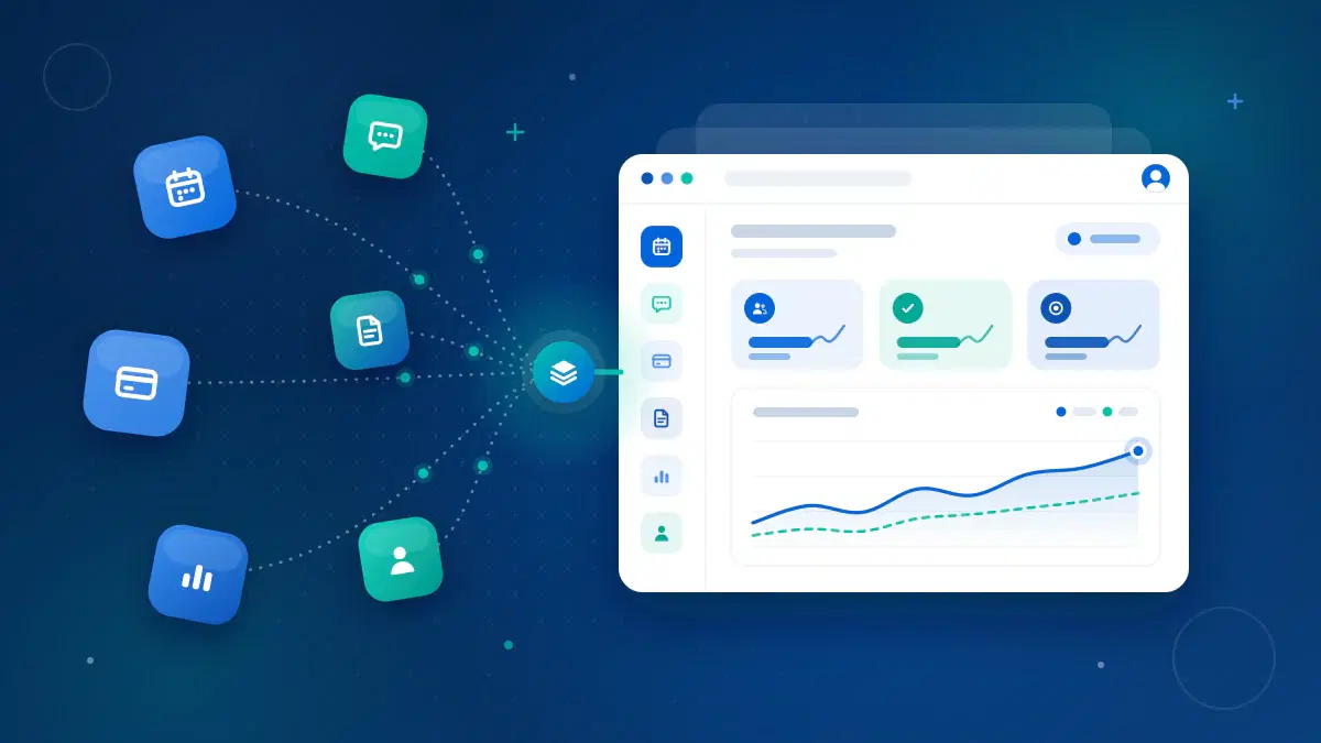 Illustration of scattered campus tool icons converging into one central platform hub
