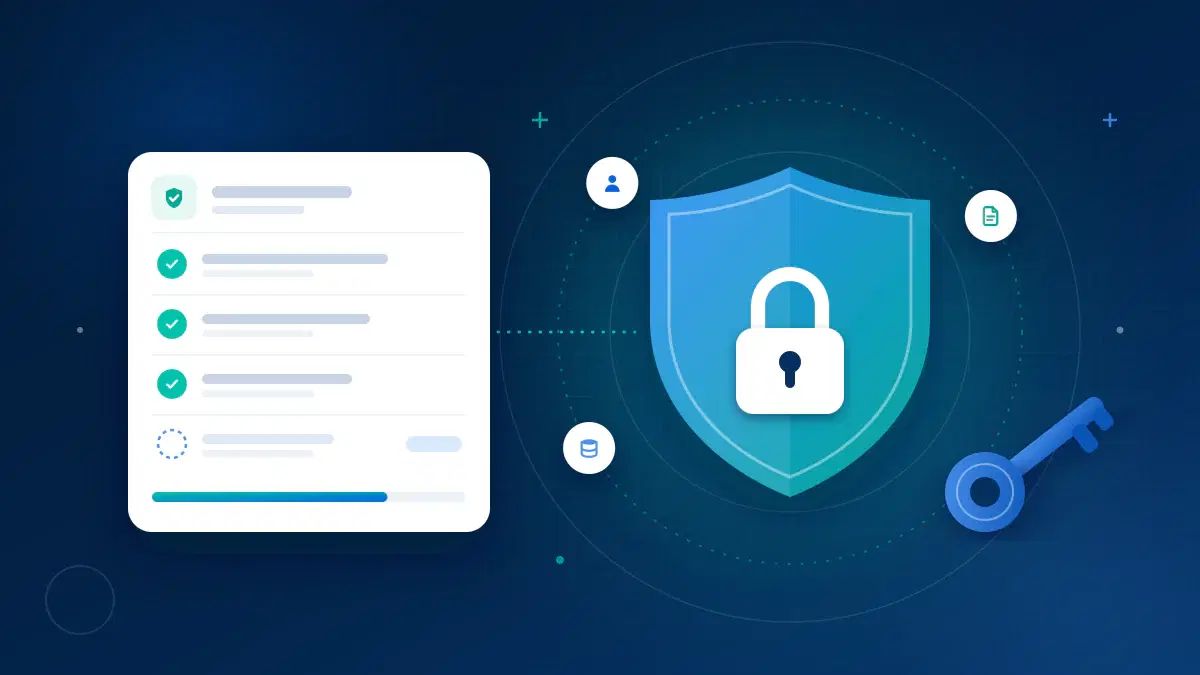 Illustration of a shield protecting layered student records with a checklist and access keys